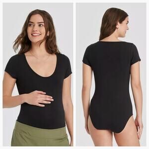 NEW The Nines by Hatch Maternity Bodysuit Black Scoop Neck Short Sleeve Top Sz L